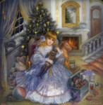 Девочка с подарками у новогодней елки