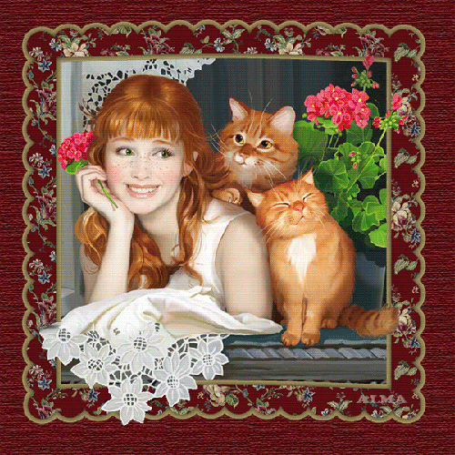 Рыжая девушка и рыжие кошки
